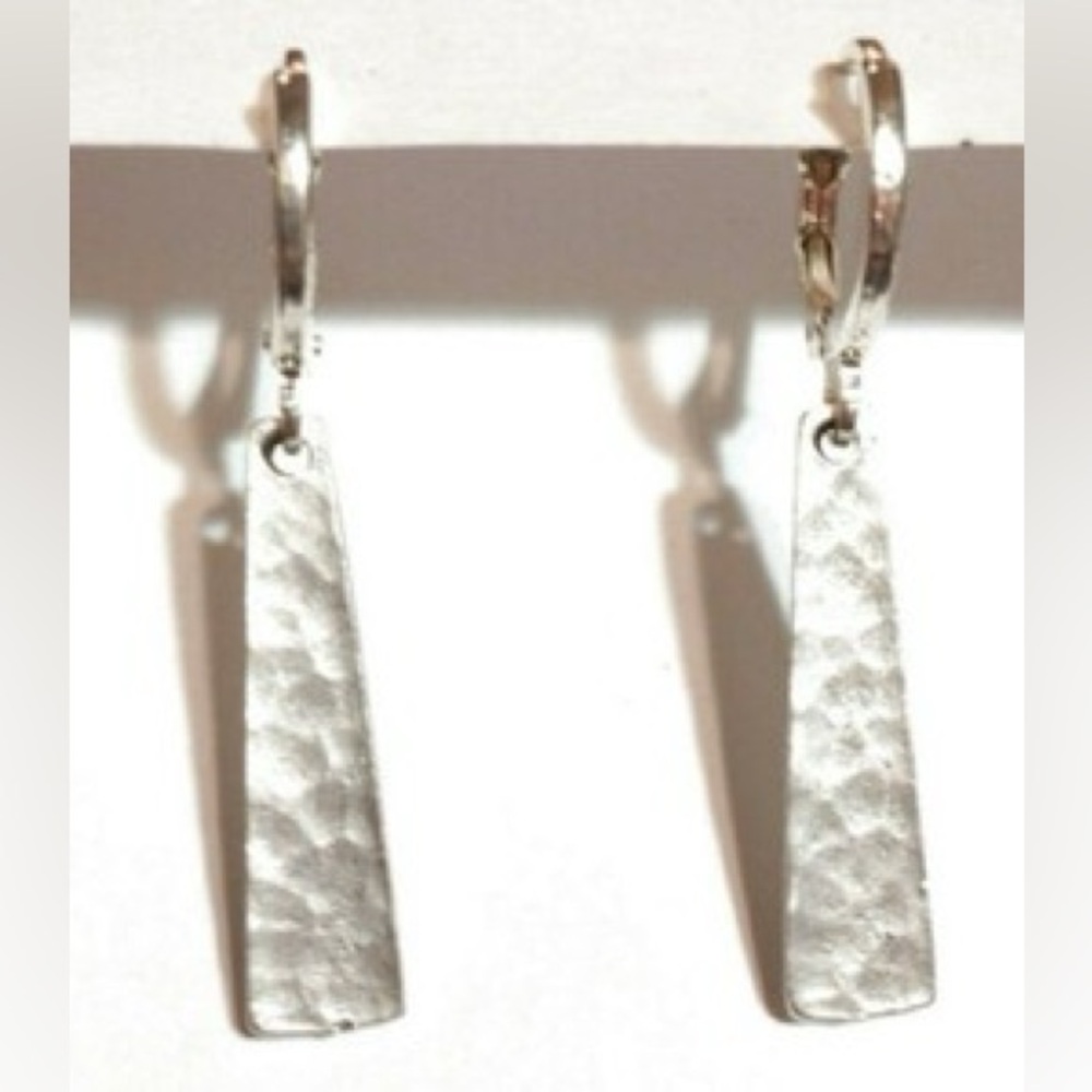 Hammered Silver Bar Hoop Lever Back Earrings Simple and Versatile Dangles